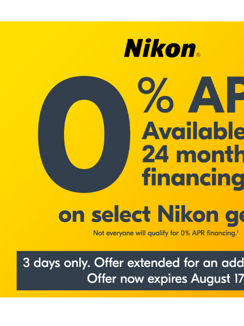 0% Offer Ends Tomorrow View as web page Nikon | 0% APR Available for 24 months financing† on select Nikon gear | Last day! Offer expires August 16† Z6III 24-70mm Kit Z6III Body Only Z6III 24-70mm Kit