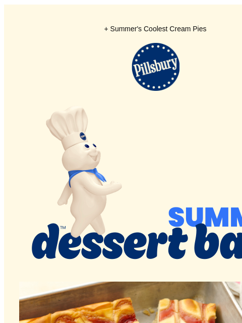 + Summer's Coolest Cream Pies Pillsbury Logo Summer Dessert Bars Baking pan of swirled strawberry cheesecake bars Strawberry-Cheesecake Cookie Bars Make A Sweet Treat Platter with pretzel s'