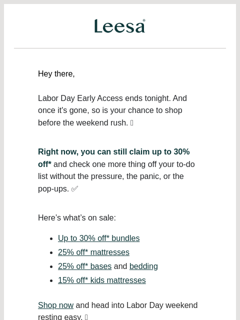 leesasleep newsletter: Shop stress-free and save 25%*