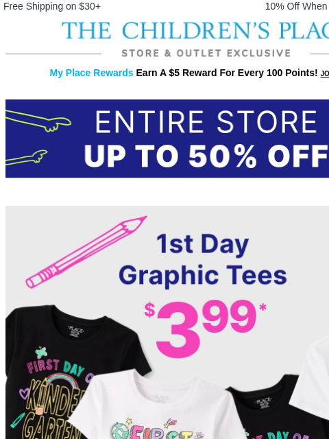 childrensplace newsletter: ✏️🚌 $3.99 1st Day Graphic Tees!