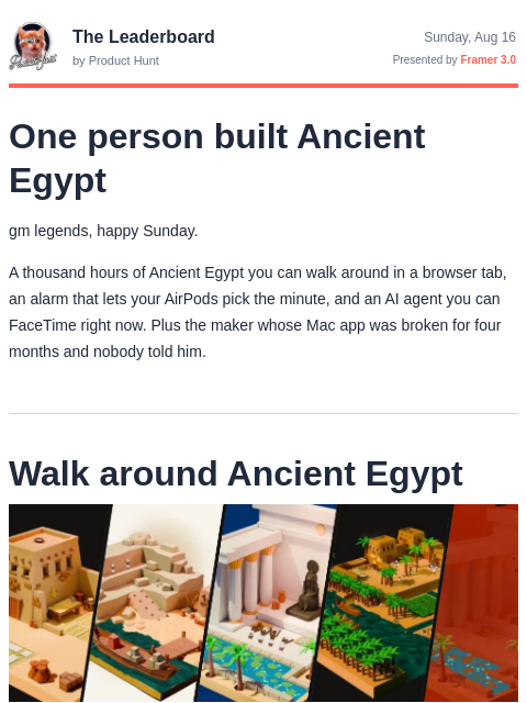 producthunt newsletter: 😸 One person built Ancient Egypt