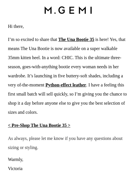 mgemi newsletter: Pre-Shop The Una Bootie 35