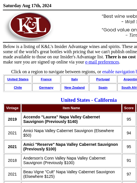 Special Discounts and Hidden Pricing for K&L Insider's Advantage Subscribers... Saturday Aug 17th, 2024 View in Browser KL-emailheader.gif Below is a listing of K&L's Insider Advantage