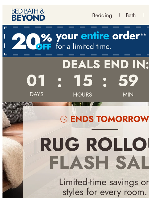 bedbathandbeyond newsletter: Up to 70% off select rugs ENDS TOMORROW