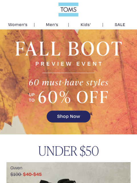 toms newsletter: Our Picks for Under $50 Fall Boots