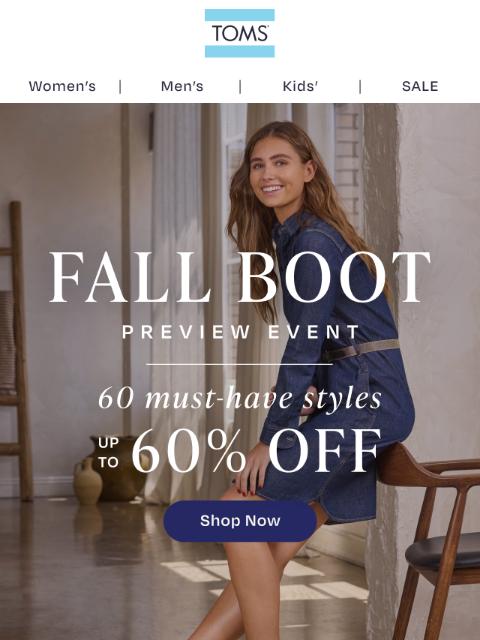 toms newsletter: Up to 60% Off Fall Boots Ends Soon