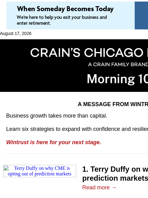 crainalerts newsletter: CME draws a line on prediction markets
