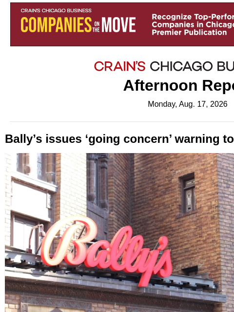 crainalerts newsletter: Bally's issues 'going concern' warning to investor...