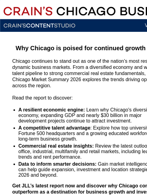 craincontentstudio newsletter: Why Chicago continues to lead in 2026