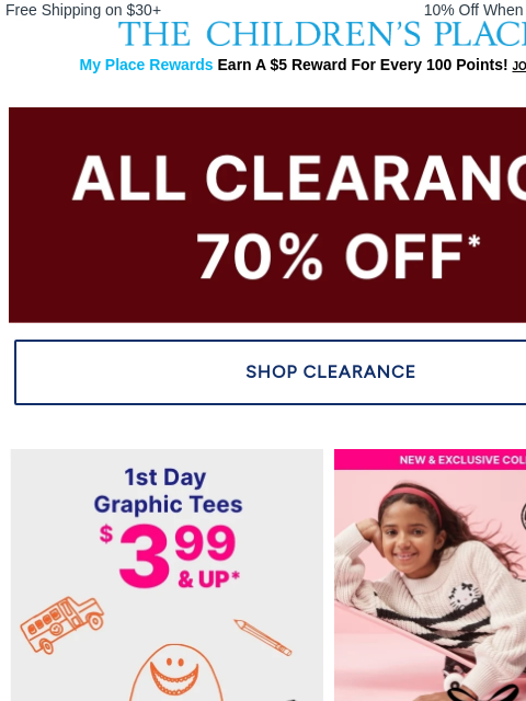 childrensplace newsletter: LIMITED TIME! 70% Off Clearance...Shop Now!