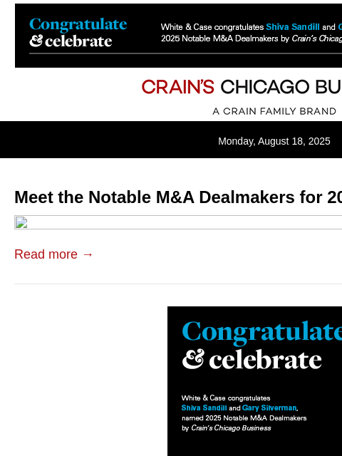 crainalerts newsletter: Notable M&A Dealmakers for 2025