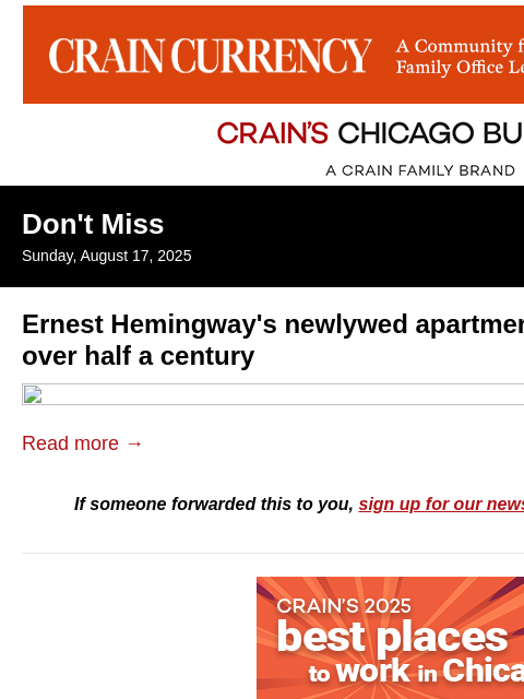 crainalerts newsletter: Hemingway's newlywed apartment sold