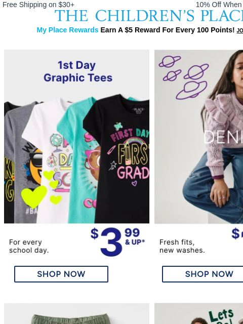 childrensplace newsletter: Back-to-School TEES Kids 💙 NOW ($3.99 & up!)