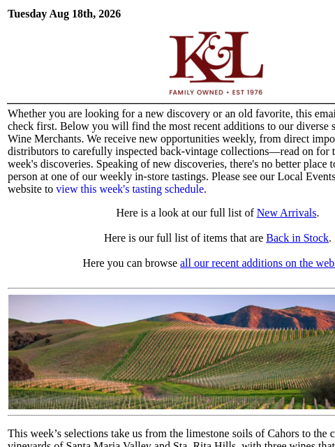 klwines newsletter: The Latest from K&L: New Adds and Back In Stock