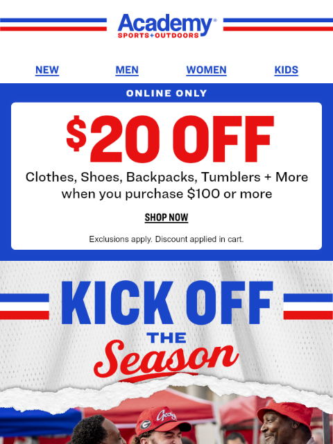 academy newsletter: Online: Get $20 off clothes, shoes, backpacks, tum...