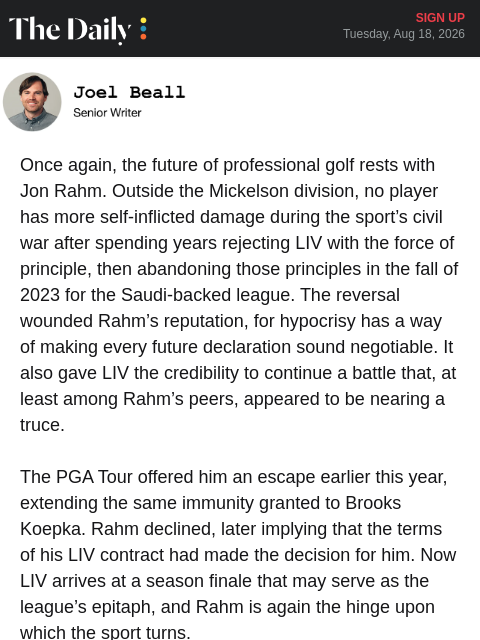 golfdigest newsletter: Jon Rahm (again) can end the LIV-PGA Tour battle