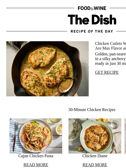 foodandwine newsletter: Chicken Cutlets With Anchovy-Garlic Butter