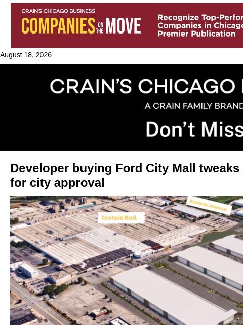 crainalerts newsletter: Ford City Mall developer tweaks industrial plan