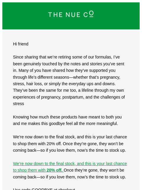 thenueco newsletter: Thank you—for our final farewell (20% off)