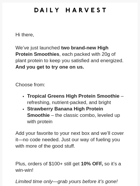 daily-harvest newsletter: This brand NEW smoothie is FREE
