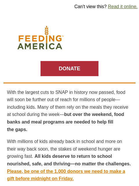 feedingamerica newsletter: 🔔 Don't let the school bell ring on Friday withou...