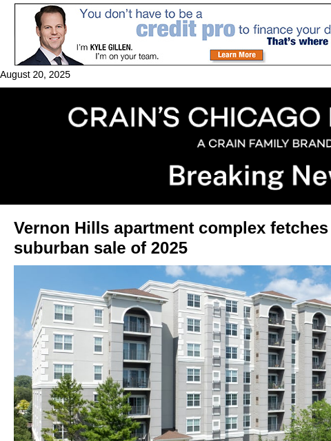 crainalerts newsletter: $100M Vernon Hills apartment sale sets suburban re...