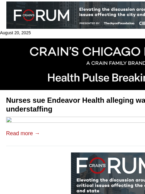 crainalerts newsletter: Nurses sue Endeavor over understaffing