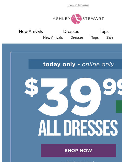 ashleystewart newsletter: TODAY ONLY🚨ALL Dresses Are $39.99👗