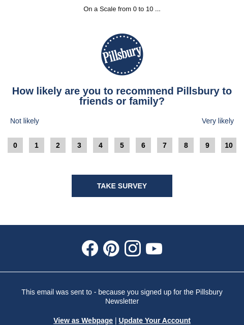 On a Scale from 0 to 10 ... Pillsbury How likely are you to recommend Pillsbury to friends or family? * Not likely Very likely 0 1 2 3 4 5 6 7 8 9 10 SUBMIT Interactive Email Form Submit How likely are