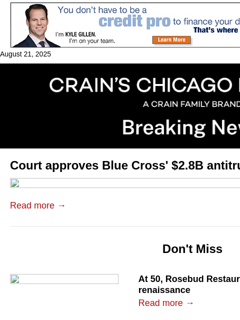 crainalerts newsletter: Court approves Blue Cross' $2.8B antitrust deal