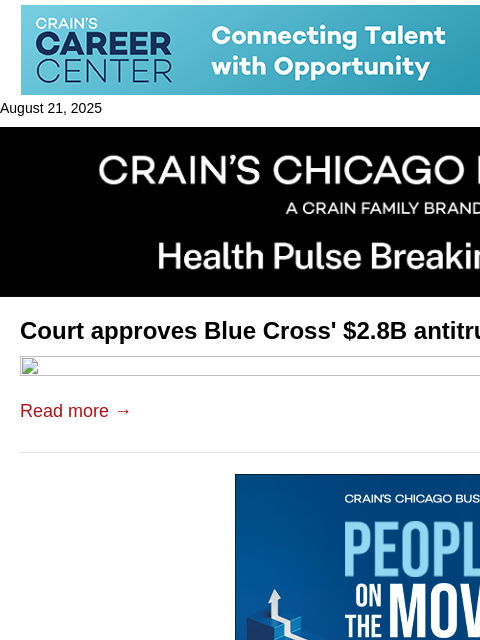 crainalerts newsletter: Court approves Blue Cross' $2.8B antitrust deal