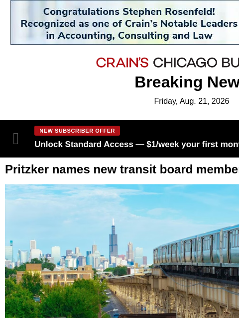 crainalerts newsletter: Pritzker names new transit board members