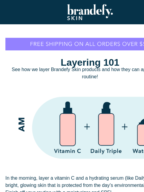 Quick tips on how to layer Brandefy Skin products in your skincare routine! Layering 101 See how we layer Brandefy Skin products and how they can apply to your routine! In the morning, layer a vitamin