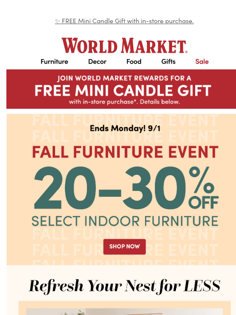 emailworldmarket newsletter: Select Indoor furniture is ON SALE! 👉