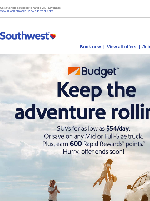 southwest newsletter: Limited time offer on SUV rentals.