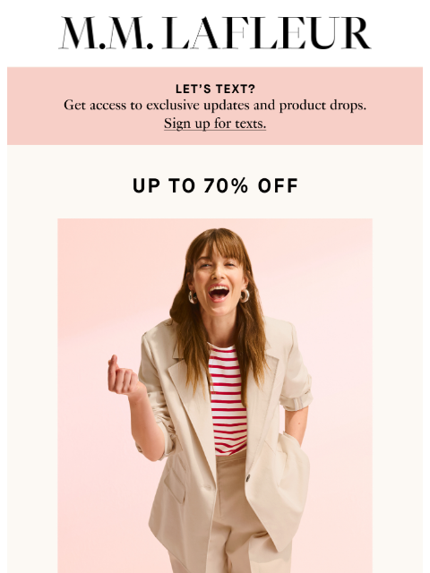 mmlafleur newsletter: UP TO 70% OFF: Work-to-Weekend MVPs