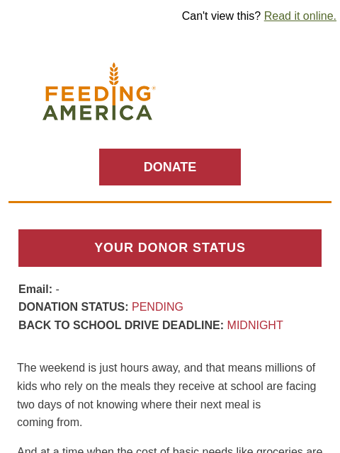 feedingamerica newsletter: DEADLINE: Beat weekend hunger before it's too late