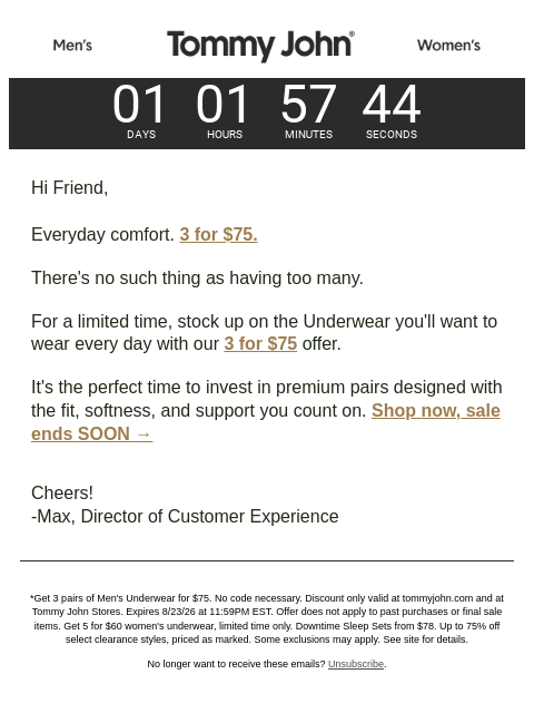 tommyjohn newsletter: THIS WEEKEND → 3 For $75