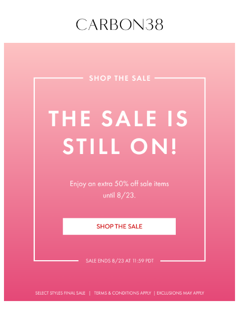 carbon38 newsletter: The sale is still on!