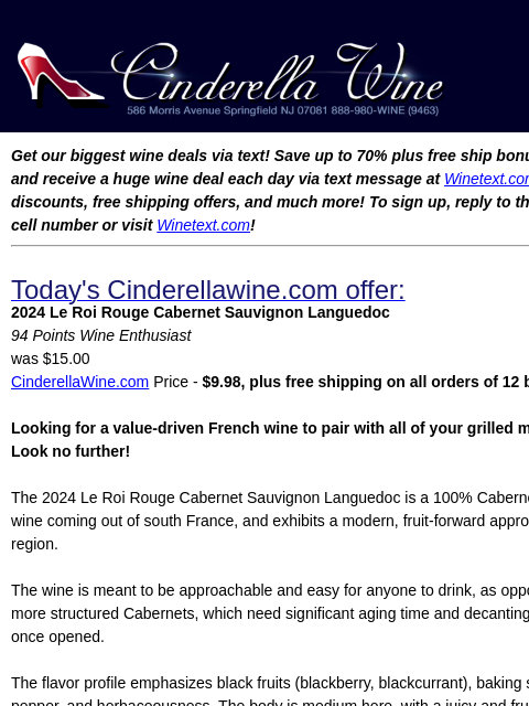 winelibrary newsletter: 2024 Le Roi Rouge Cabernet Sauvignon Languedoc (94...