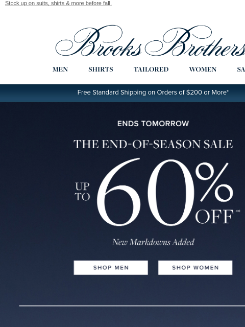 brooksbrothers newsletter: 𝐄𝐍𝐃𝐒 𝐓𝐎𝐌𝐎𝐑𝐑𝐎𝐖: up to 60% off end-of-se...