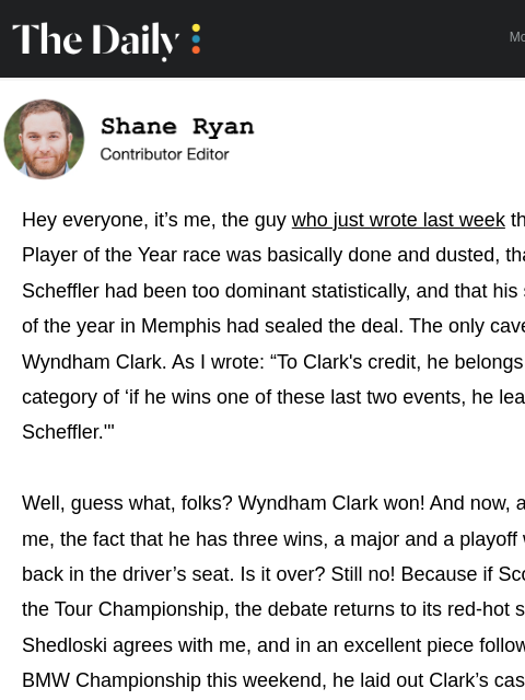 golfdigest newsletter: Wyndham Clark restarts Player of the Year race ......