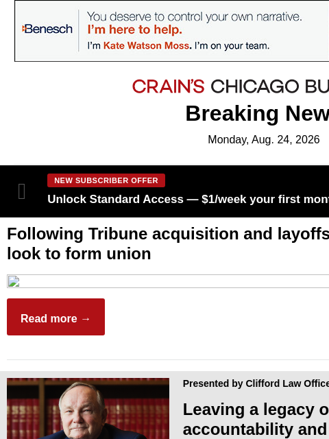 crainalerts newsletter: Daily Herald workers look to form union