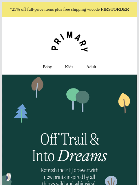 primary newsletter: New! Organic PJs in owl, fox and woodland prints f...