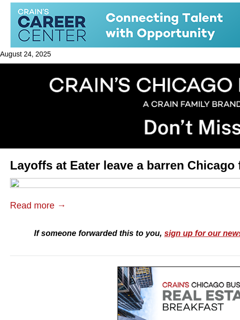 crainalerts newsletter: What's next for Eater Chicago?