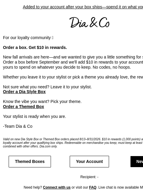 dia newsletter: Order a box, earn $10 in rewards