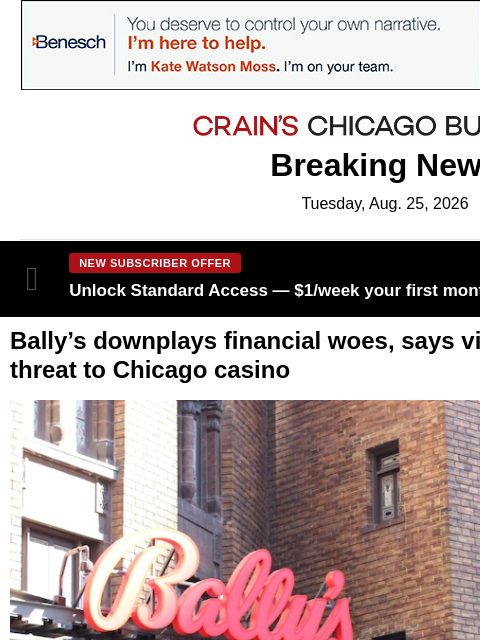 crainalerts newsletter: Bally’s pushes back against City Council