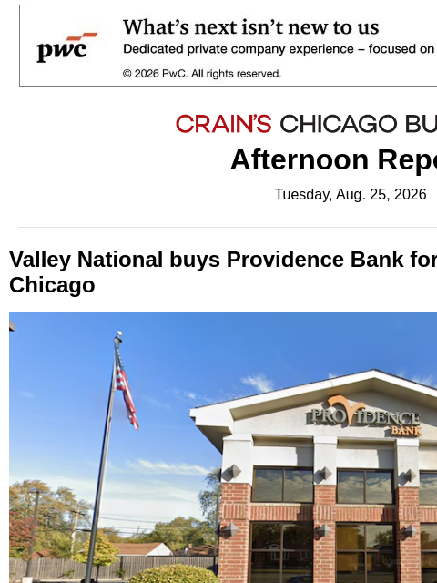 crainalerts newsletter: $247M bank deal boosts Chicago presence