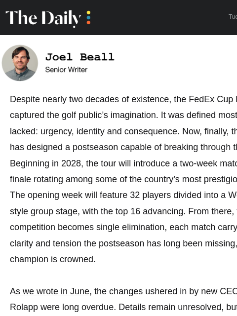 golfdigest newsletter: Finally, golf has a postseason that matters