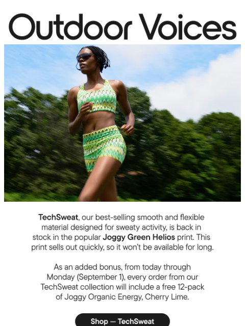 outdoorvoices newsletter: Helios TechSweat is back in stock.